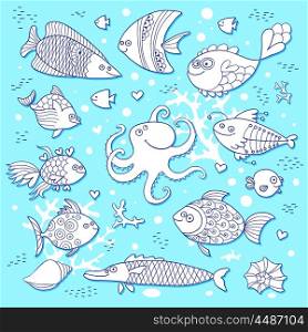 Set cute fish and octopus for the design of child coloring. Set cute fish and octopus for the design of child coloring. Vector illustration.