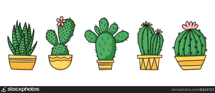 Set cute green cactus and succulents in yellow pots. Cartoon vector illustration