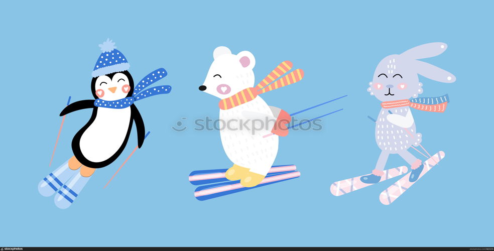 Set cute hare, white bear, penguin on skis. Funny rabbit. Vector illustration for kids. Hand drawn.. Set cute hare, white bear, penguin on skis. Funny rabbit. Hand drawn.