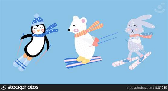 Set cute hare, white bear, penguin on skis. Funny rabbit. Vector illustration for kids. Hand drawn.. Set cute hare, white bear, penguin on skis. Funny rabbit. Hand drawn.