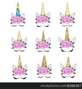 Set Cute unicorn with floral magnolias wreath and gold glitter horn. Vector hand drawn illustration.. Cute unicorn with floral wreath and gold glitter horn. Vector hand drawn illustration