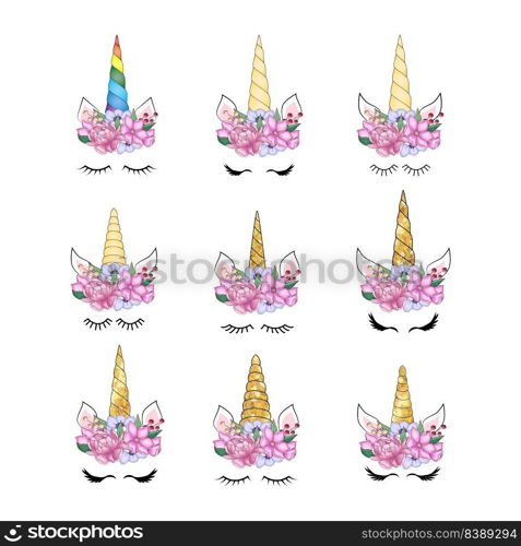 Set Cute unicorn with floral wreath and gold glitter horn. Vector hand drawn illustration.. Cute unicorn with floral wreath and gold glitter horn. Vector hand drawn illustration