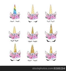 Set Cute unicorn with floral wreath and gold glitter horn. Vector hand drawn illustration.. Cute unicorn with floral wreath and gold glitter horn. Vector hand drawn illustration