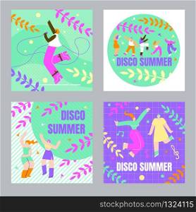Set Dancing People, Poster Disco Summer Cartoon. Available Entertainment During Cruise. Girl Sings Song into Microphone. Women have Fun Dancing. People Learn New Dance. Vector Illustration.