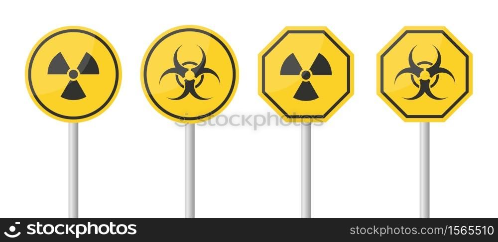 Set Danger warning signs. Yellow Radiation, Toxic warning sign boards on metal stand isolated on white background. Vector illustration eps10.. Set Danger warning signs. Yellow Radiation, Toxic warning sign boards on metal stand isolated on white background.