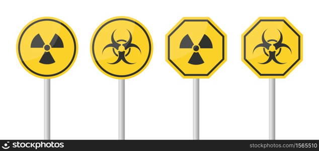 Set Danger warning signs. Yellow Radiation, Toxic warning sign boards on metal stand isolated on white background. Vector illustration eps10.. Set Danger warning signs. Yellow Radiation, Toxic warning sign boards on metal stand isolated on white background.