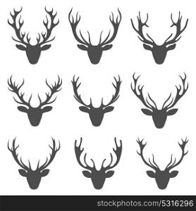 Set Deer Heads, Collection Stag Horns, Isolated on White Background. Set Deer Heads, Collection Stag Horns, Isolated on White Background - illustration Vector