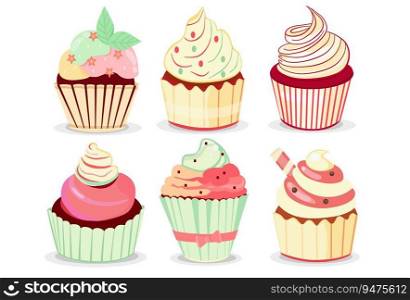 Set Delicious cupcakes. Dessert vector illustration design.Hand-drawing ,retro style 