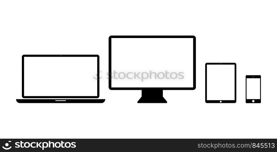 Set devices icons isolated technology products. Desktop tablet phone icons. Mock up of responsive design web application or website. EPS 10. Set devices icons isolated technology products. Desktop tablet phone icons. Mock up of responsive design web application or website.