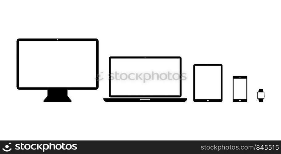 Set devices icons isolated technology products. Desktop tablet phone icons. Mock up of responsive design web application or website. EPS10. Set devices icons isolated technology products. Desktop tablet phone icons. Mock up of responsive design web application or website.