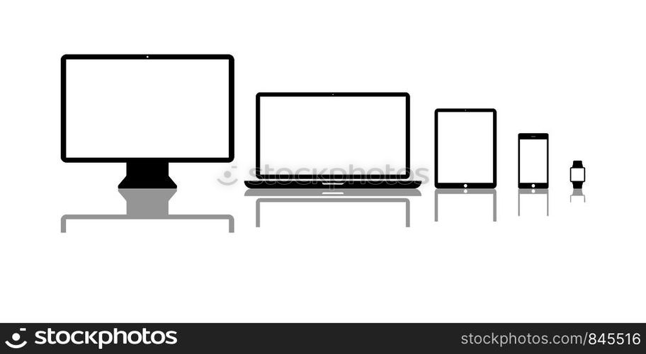 Set devices icons isolated technology products. Desktop tablet phone icons. Mock up of responsive design web application or website. EPS 10. Set devices icons isolated technology products. Desktop tablet phone icons. Mock up of responsive design web application or website.