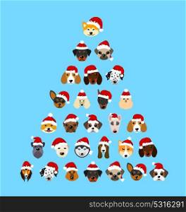 Set Different Breeds of Dogs in Hats of Santa Claus, Symbols New Year 2018. Set Different Breeds of Dogs in Hats of Santa Claus, Symbols New Year 2018 - Illustration Vector