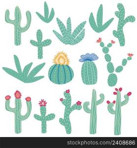 Set different cactus. Bright repeated texture with green cacti. Natural hand drawing background with desert plants.. pattern with different cactus. Bright repeated texture with green cacti. Natural background with desert plants