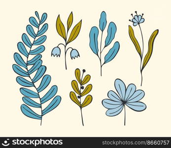 Set doodle coloring flower twigs hand drawn, contour, isolated. Vector illustration