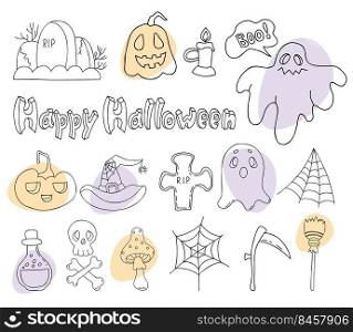 Set doodles Happy Halloween. Jack pumpkin, ghost, skull and crossbones, grave, fly agaric, witch hat, scythe and broom, web and spirit. Vector isolated outline elements for decor, design, decoration