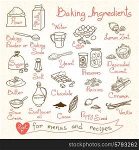 Set drawings of baking ingredients for design menus, recipes. Vector Illustration.
