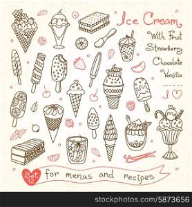 Set drawings of ice cream for design menus, recipes and packages product. Vector Illustration.