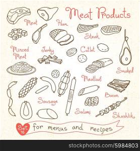 Set drawings of meat products ham, steak, minced, jerky, cutlet, smoked, meatloaf, sausage, bacon, salami for design menus, recipes and packages product. Vector Illustration.