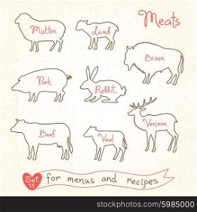 Set drawings of meat symbols, beef, pork, lamb, mutton, rabbit, bison, veal, venison, silhouettes of animals for design menus, recipes and packages product. Vector Illustration.