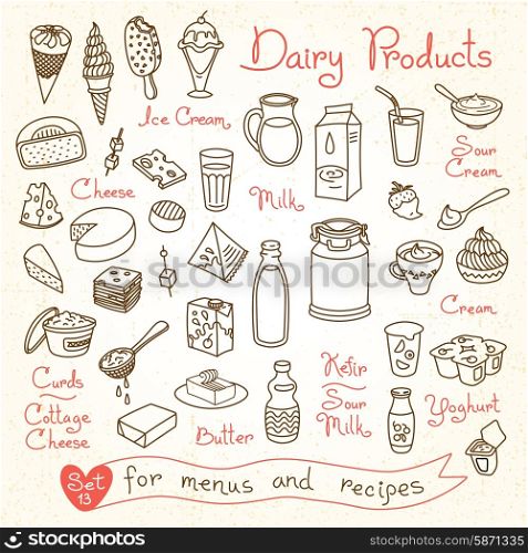 Set drawings of milk and dairy products for design menus, recipes and packages product. Vector Illustration.