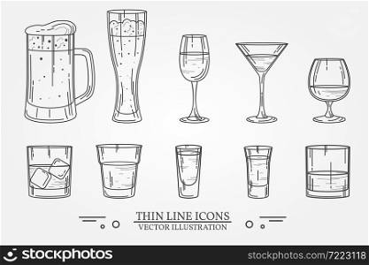 Set drink alcohol glass for beer, whiskey, wine, tequila, cognac, champagne, brandy, cocktails, liquor. Vector illustration isolated on white background.