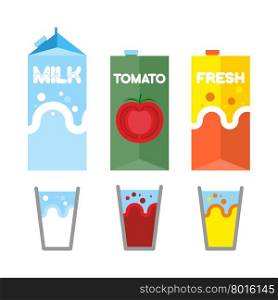 Set drinks in package. Milk, tomato juice, and fresh. Glasses for drinks. Vector illustration