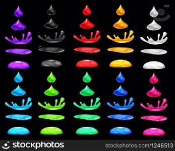 Set drop of liquid, water falls and makes a splash, different colour. Set drop of liquid, water falls and makes a splash, different colour. Phases, frames, for animation, cartoon style, vector, isolated