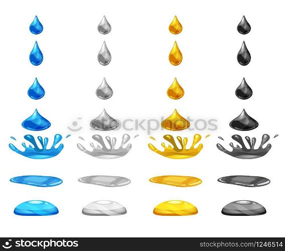 Set drop of liquid, water falls and makes a splash, different colour. Set drop of liquid, water falls and makes a splash, different colour. Phases, frames, for animation, cartoon style, vector, isolated