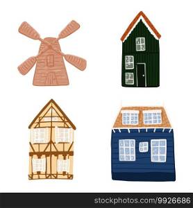 Set dutch houses isolated on white background. Cartoon sketch hand drawn houses, mill, traditional cottage. Doodle vector illustration.. Set dutch houses isolated on white background. Cartoon sketch hand drawn houses, mill, traditional cottage.