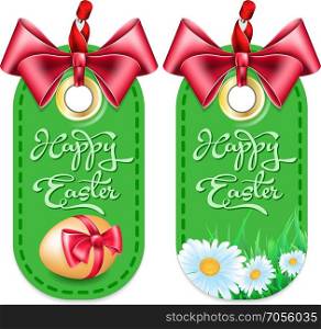 Set Easter tag with red bow on white background. Set tag with bow
