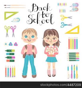 Set educational elements of design. Students girl and boy. Stationery. Lettering Back to School.. Set of educational elements of school design. Students girl and boy. Stationery. Lettering Back to School. Vector illustration.
