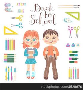 Set educational elements of design. Students girl and boy. Stationery. Lettering Back to School.. Set of educational elements of school design. Students girl and boy. Stationery. Lettering Back to School. Vector illustration.