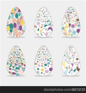 Set eggs Easter with pattern. Pastel colored vector illustration. Grass, hearts, eggs, circles, stripes, shells. Elements For postcards, cards, posters, stickers, scrapbooking and covers.. Set eggs Easter with pattern. Pastel colored vector illustration For card, poster, sticker and cover