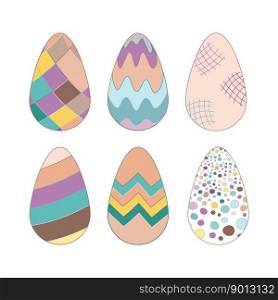 Set eggs Easter with pattern. Pastel colored vector illustration. Grass, hearts, eggs, circles, stripes, shells. Elements For postcards, cards, posters, stickers, scrapbooking and covers.. Set eggs Easter with pattern. Pastel colored vector illustration For card, poster, sticker and cover