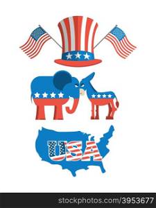 Set elections in America. Uncle Sam hat. American flag. Set political debate in United States. US flag. Donkey and elephant symbols of political parties in America. Democrats against Republicans. Map America