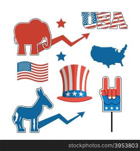 Set elections in America. Uncle Sam hat. American flag. Set political debate in United States. US flag. Donkey and elephant symbols of political parties in America. Democrats against Republicans. Map America