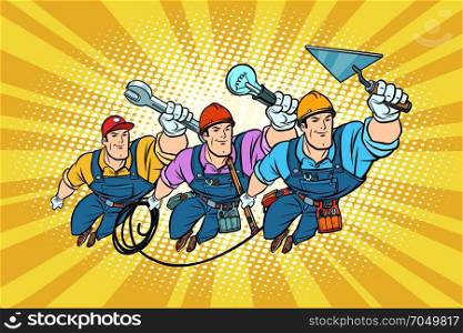 Set electrician Builder and repairer professionals. Comic book cartoon pop art retro vector illustration drawing. Set electrician Builder and repairer professionals