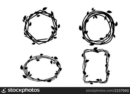 Set Elegant floral frame, border silhouette in hand drawn doodle style isolated on white background. Wreath decoration, delicate clip art. Vector illustration