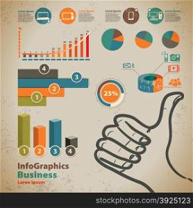 Set elements of infographics with thumbs up sign in vintage style