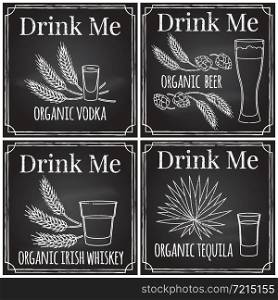 Set elements on the theme of the restaurant business. Chalk drawing on a blackboard. Logo, branding, logotype, badge with ears of barley, wheat and a glass of Irish whiskey, agave and a glass of tequila, glass of beer . Vector illustration.