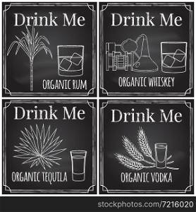 Set elements on the theme of the restaurant business. Chalk drawing on a blackboard. Logo, branding, logotype, badge with sugar cane and a glass of rum, whiskey distilling process and a glass of whiskey with ice, agave and a glass of tequila, spikes of wheat and a glass of vodka . Vector illustration.. Set elements on the theme of the restaurant business. Chalk dra