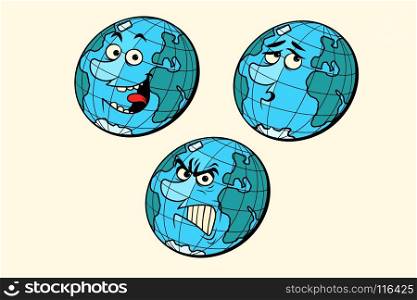 set emotions planet earth characters. isolate on white background. Comic book cartoon pop art retro drawing illustration. set emotions planet earth characters