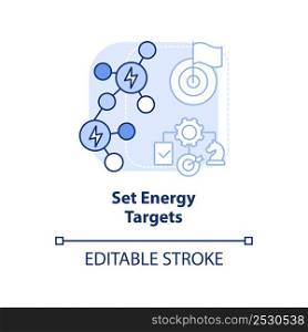 Set energy targets blue light concept icon. Energy strategy abstract idea thin line illustration. Business objectives. Isolated outline drawing. Editable stroke. Arial, Myriad Pro-Bold fonts used. Set energy targets blue light concept icon