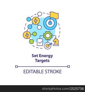Set energy targets concept icon. Energy strategy abstract idea thin line illustration. Carbon neutral business objectives. Isolated outline drawing. Editable stroke. Arial, Myriad Pro-Bold fonts used. Set energy targets concept icon