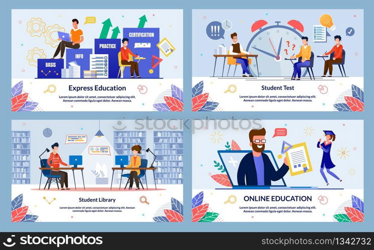 Set Express Education, Student Library, Cartoon. Banner Inscription Student Test, Online Education. Male Teacher Conducts Test among Students and Exclaims with Surprise in Classroom.