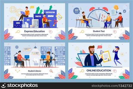 Set Express Education, Student Library, Cartoon. Banner Inscription Student Test, Online Education. Male Teacher Conducts Test among Students and Exclaims with Surprise in Classroom.