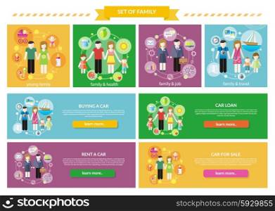 Set family concepts. Health travel buy. Buying or loan or rent car, healthy and travel, lifestyle happiness, character people parent, son and daughter illustration