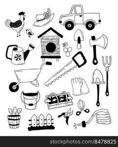 Set farm tools and agriculture. Truck, beehive, garden tools, shovel, wheelbarrow, saw, watering can, axe, rooster, chicken, garden hose, greenhouse and wooden fence. Vector isolated hand drawn doodle