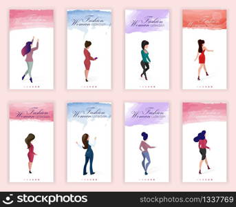 Set Fashion Woman Collection on Landing Page. Flat Vector Illustration. High Quality Designer Clothes for Different Ages and Abundance Happy Women. Fashionable Catalog Current Models.