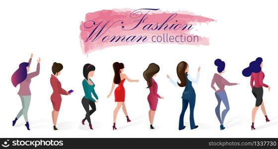 Set Fashion Woman Collection Vector Illustration. Lettering on Watercolor Smear. Women Demonstrate Different Models Clothing for Everyday Life and Evening Out. Designer Presentation Moda.